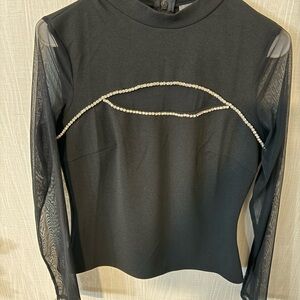 BKE Black Top with Sheer Sleeves and Rhinestone Detail
